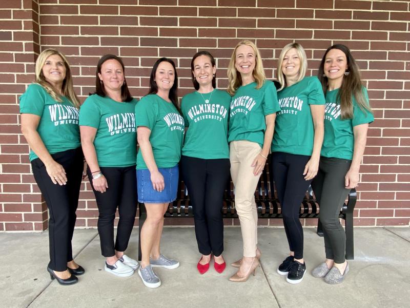 Cape Henlopen School District leaders earning their doctoral degrees from Wilmington University are (l-r) Lewes Elementary Principal Kim Corbidge, Beacon Middle Assistant Principal Kathleen Sheehan, Cape High Principal Nikki Miller, Mariner Middle Assistant Principal Emily Lehne, Assistant Superintendent Jenny Nauman, Sussex Consortium Special Education Coordinator Trish Wilson and her sister, Sussex Consortium Assistant Principal Liz Cherico. ELLEN DRISCOLL PHOTO